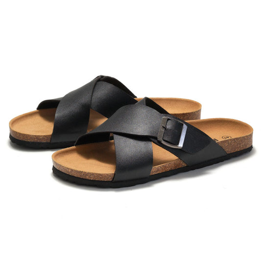 Men’s Cork Slippers – Cross Straps Casual Flip-Flops for Beach & Everyday