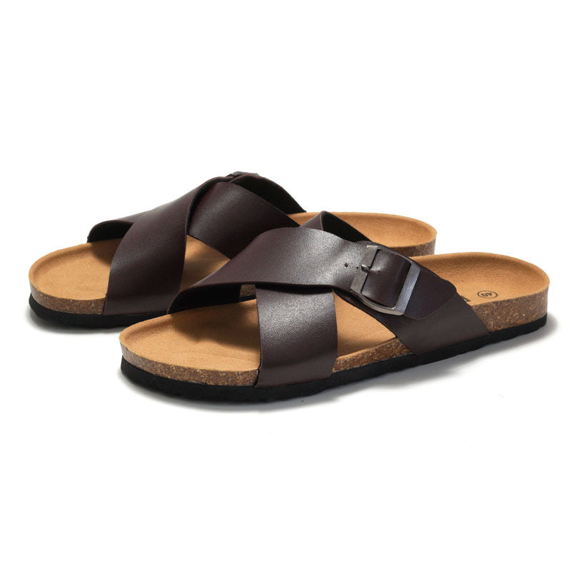 Men’s Cork Slippers – Cross Straps Casual Flip-Flops for Beach & Everyday