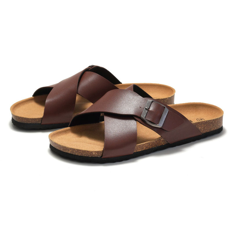Men’s Cork Slippers – Cross Straps Casual Flip-Flops for Beach & Everyday
